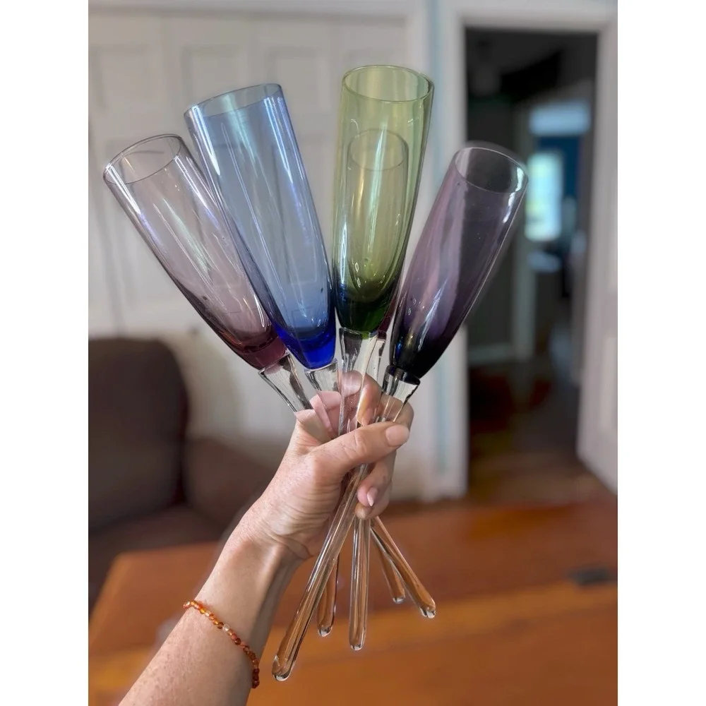 Bouquet Champagne Toasting Flutes 5 Different Colored Stems Glass